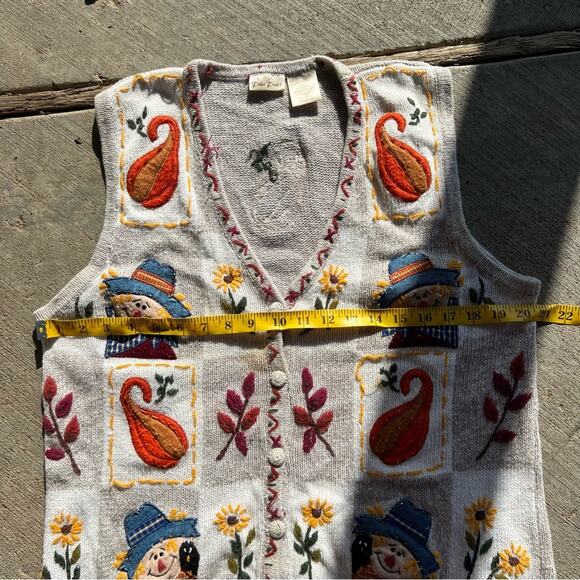 Vintage Fall Scarecrow Squash Pumpkin Knit Sweater Vest Patchwork Sampler LARGE - Picture 6 of 7